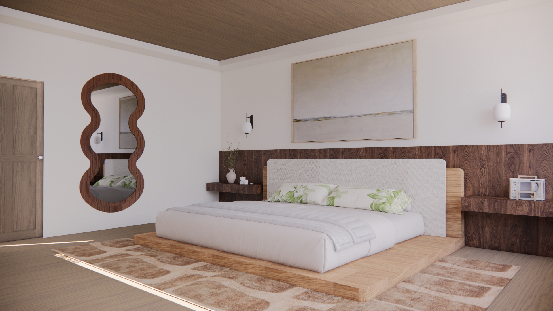 Wide view of the Hygge bedroom with a sculptural walnut mirror and layered rug