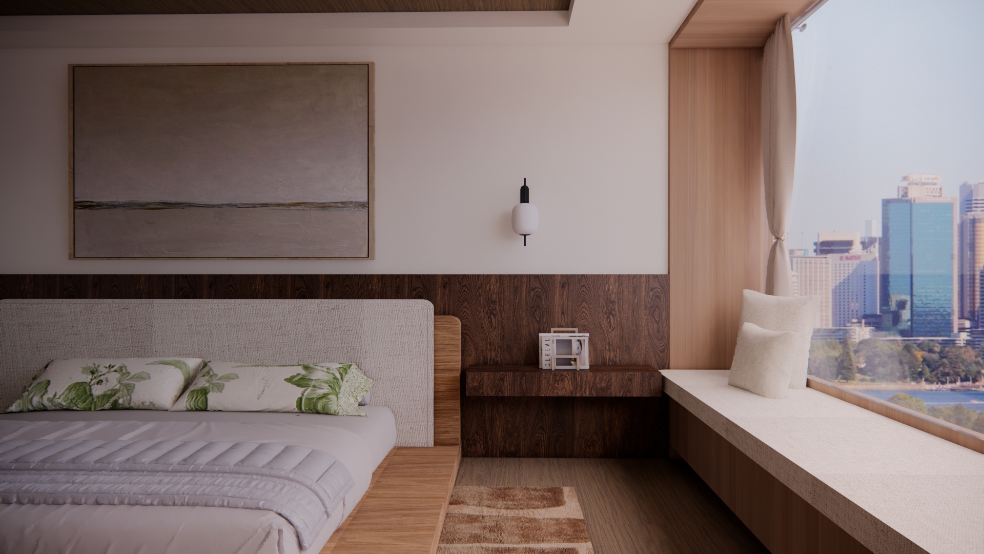Close-up of the Hygge bedside detail with timber panelling and city view