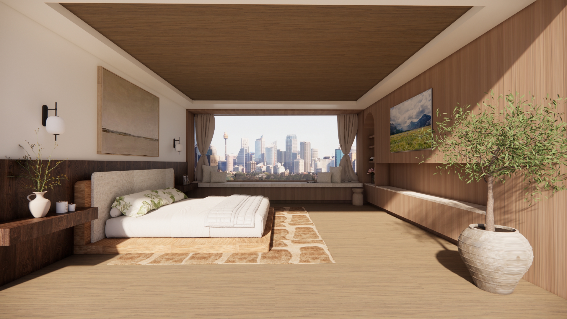 A serene bedroom with warm wood tones, natural light, and a city view
